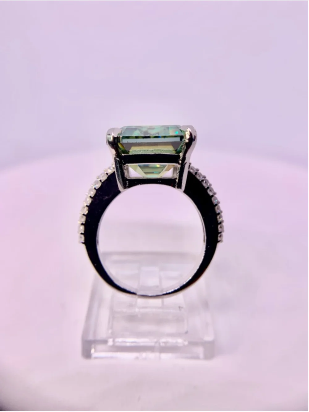 Emerald Cut Moissanite Ring Vivid Blue Green 925 10 Ct - Picture 6 of 10